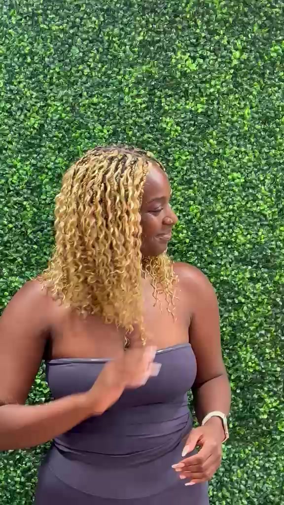 Finished blonde knotless bob styled by Joy
